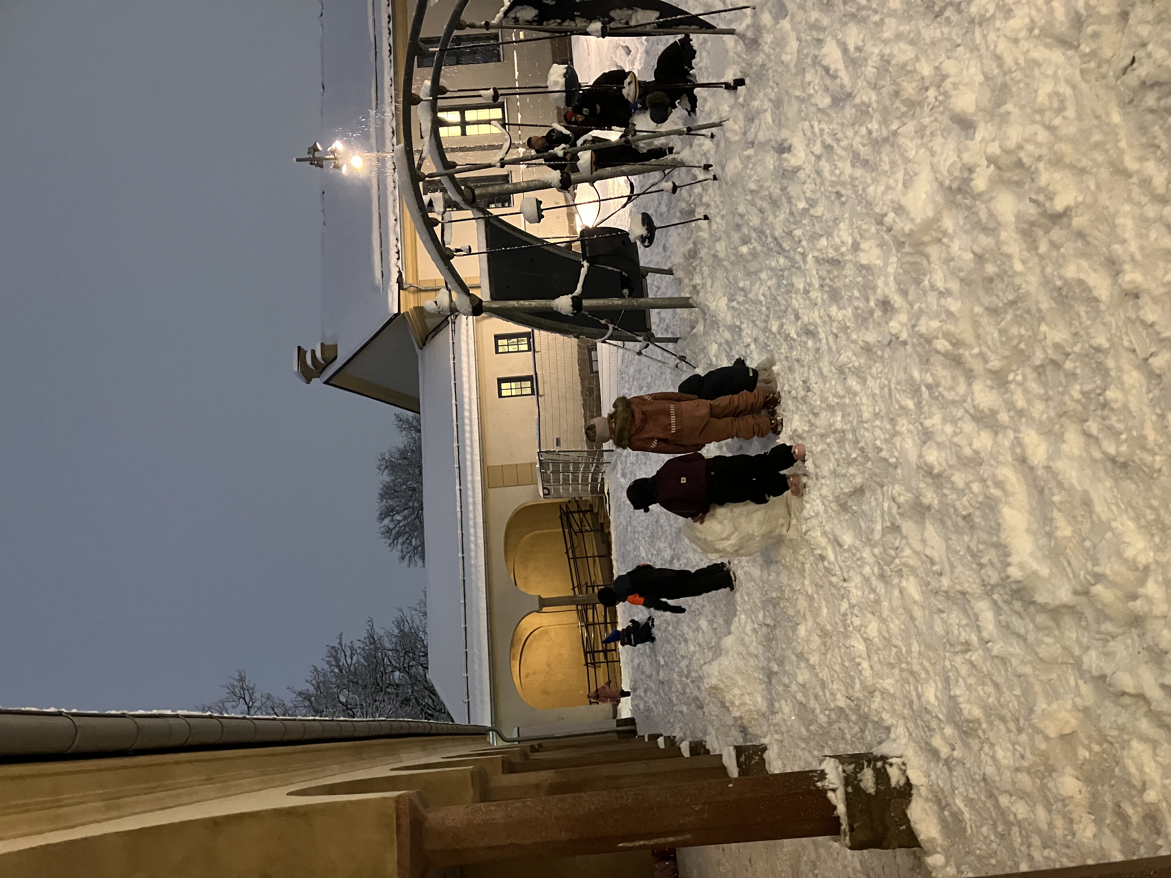 En gruppe mennesker som står på en snødekt fortau